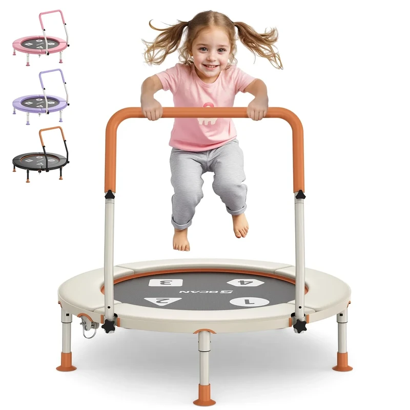 BCAN 36'' Toddler Trampoline, ASTM Certified-Foldable Mini Trampolines for Kids Ages 1-6, Adjustable Handle, Safety Pad & Foldable Legs, Baby Trampoline Indoor/Garden, Gift for Boy and Girl, Beige