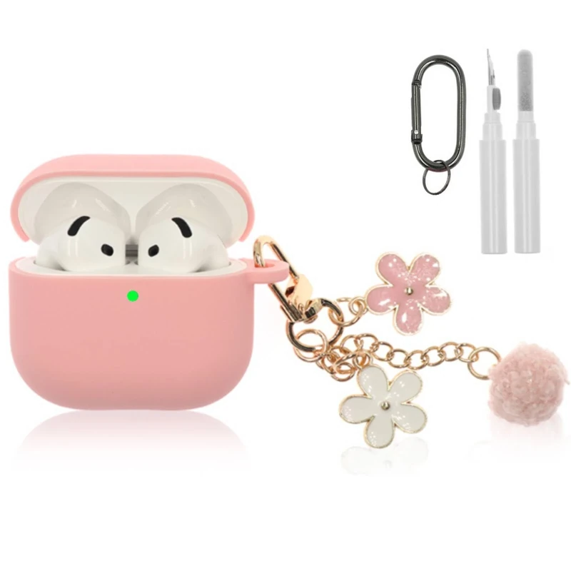CASEFUN Silicone Case for AirPods 4 (Pink) with Cleaner Kit & Keychain