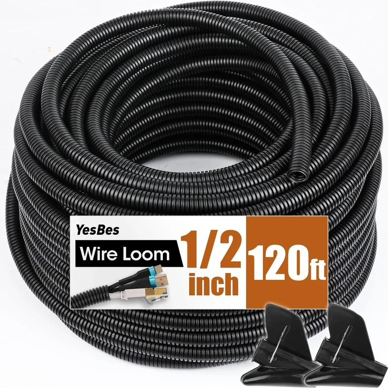 YesBes 120ft 1/2" Split Wire Loom Tubing - Black Cable Protector