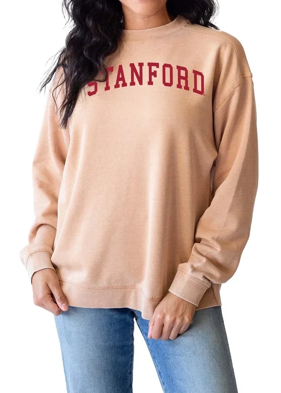 chicka-d Women's Oversized Dropped Shoulder Crewneck Fleece Sweatshirt NCAA Classic Arch Over Neutral, Stanford Cardinal, Latte, Medium - Image 1