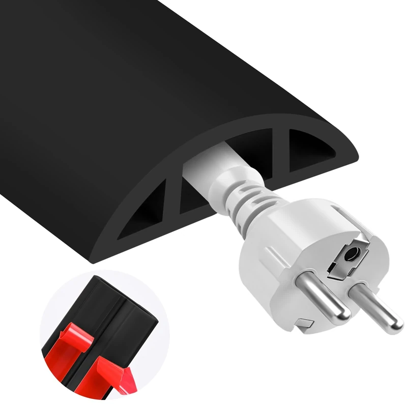MYFAMIREA 5FT Floor Cord Cover for Wire Self Adhesive Cable Cavity Management PVC Extension Cord Hider Power Floor Wire Protector Cover Prevent Cable Trip for Office Home Outdoor (Black, 1.97'')
