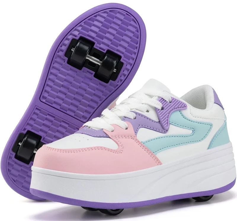 ANEFUN Roller Skate Shoes for Kids Boys Girls Sneakers with Detachable Wheels Sport Shoe White/Purple - Image 1