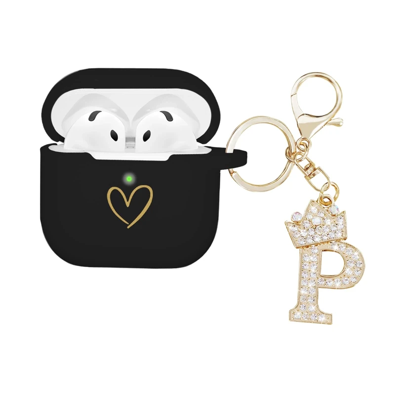 AIIEKZ Compatible with AirPods 4 Cover 2024, Soft Silicone Case With Gold Heart Pattern for 4th Generation, Rhinestone Studded Letter A-Z Keychain (P Black)