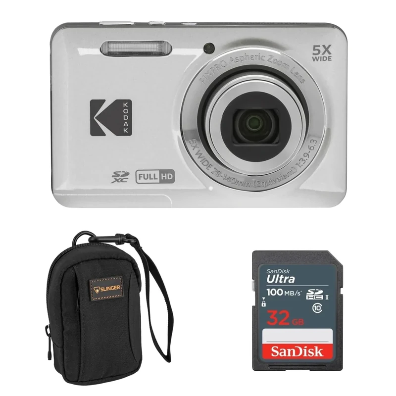 KODAK PIXPRO FZ55-SL 16MP Digital Camera 5X Optical Zoom 28mm Wide Angle 1080P Full HD Video 2.7" LCD Vlogging Camera. Bundle with SD Card and Slinger Camera Bag (Silver)