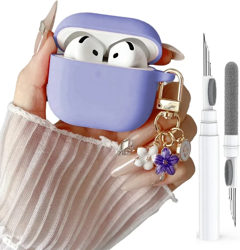 Olytop Cute Case for Airpods 4 Case Cover for Girl Women, Compatible Airpod 4th Generation with Flower Keychain&Cleaning Pen, Soft Silicone Protective Skin for Apple iPod 4 Gen, Purple