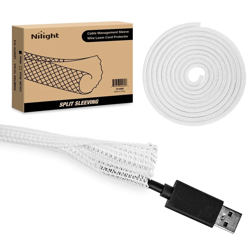 Nilight Cable Sleeve,10ft-1/4inch Cord Management Sleeves, Braided Sleeving, Split Self Wrapping Wire Loom for Computer Electrical Automotive Harness Protector Organizer, White