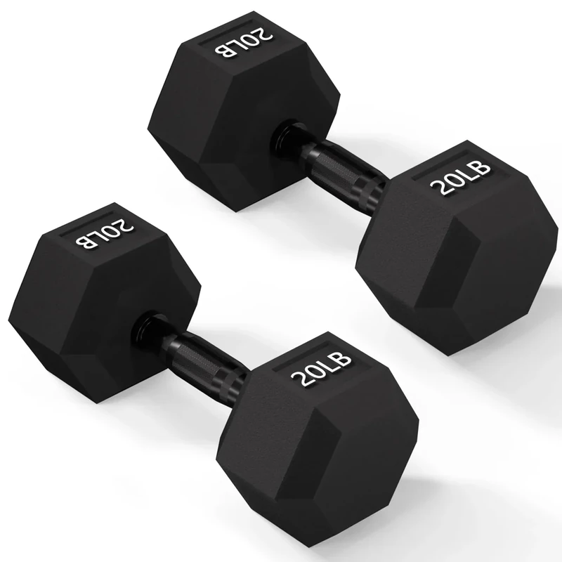 Fitvids Rubber Encased Exercise & Fitness Hex Dumbbell â€“ Hand Weights with Anti-Slip Metal Handle for Home Gym 20LB Pair Black