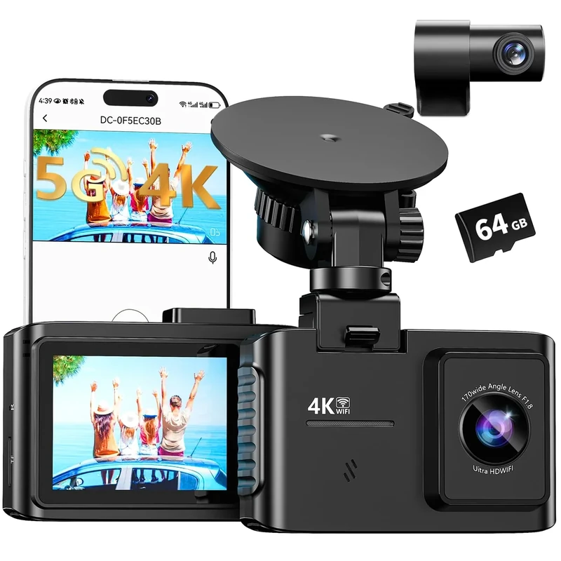 WANLIPO 4K Dash Cam Front & Rear - WiFi, 64GB Card, Night Vision