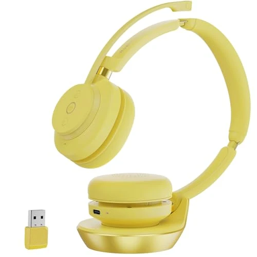 Rownfusny Wireless Stereo Headset with Noise Canceling Microphone for PC, Computer Headphones with USB Dongle & Bluetooth 5.3, Wireless Charging Base, Lightweight Comfort Design