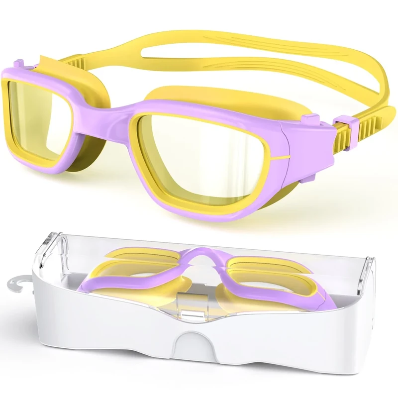 Zeligerstar Kids Swim Goggles,Swimming Goggles for Kids 6-14, Anti-Fog UV Protection Pool Glasses for Boys Girls (Light Purple/Yellow+Clear Lens)