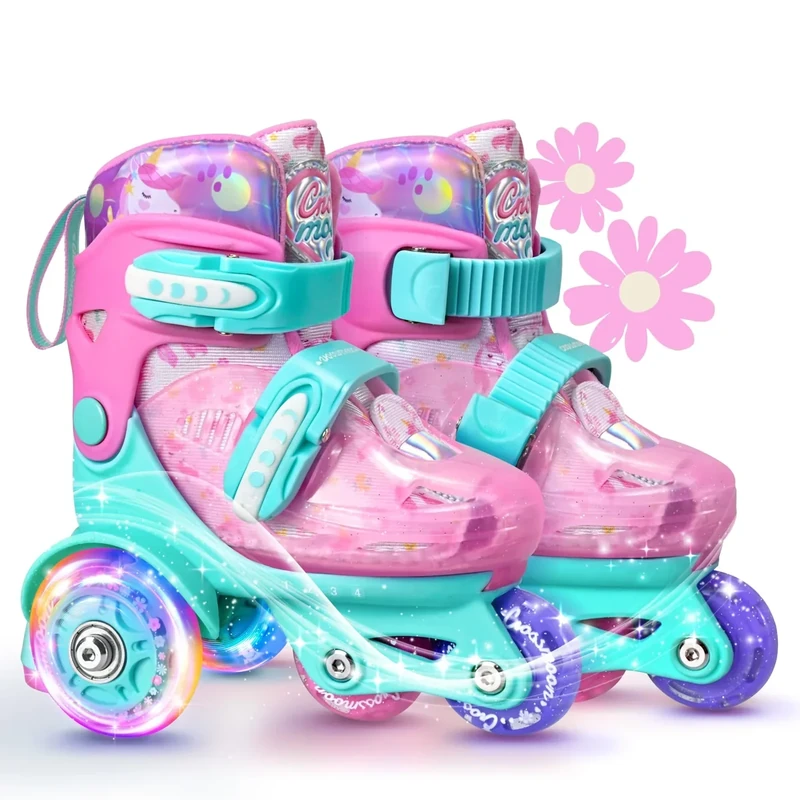Unicorn Toddler Roller Skates, 4 Adjustable Sizes, Fun Light-Up Wheels, Safety Three-Point Type, Breathable Upper, Beginner Roller Skates for Kids, Boys & Girls (Mint Whimsy, S-Small(10C-13C US))