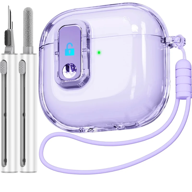 Skyconser Clear TPU AirPods 4 Case with Safety Lock & Lanyard - Purple