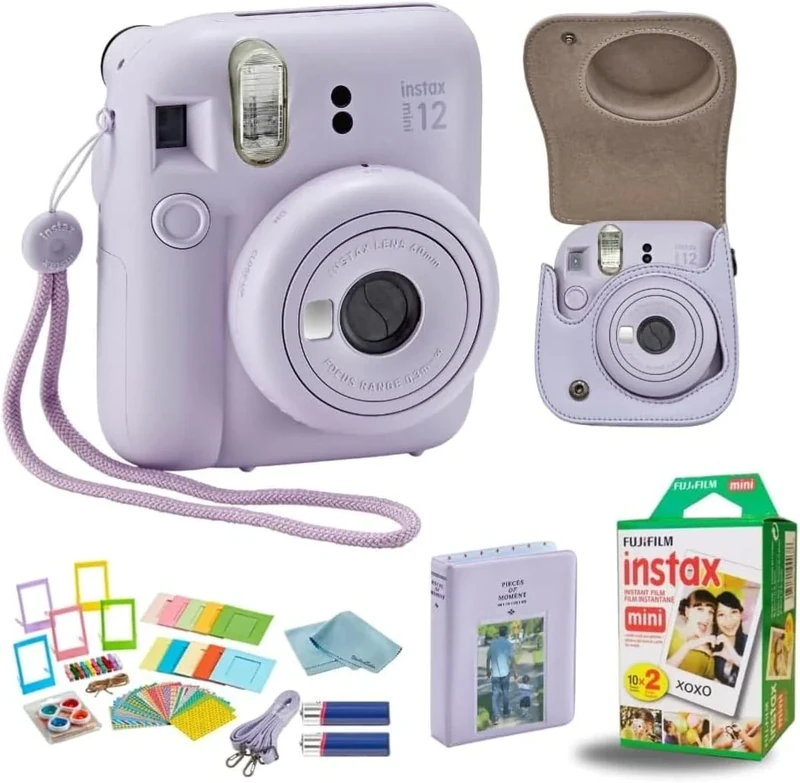 Fujifilm Instant Mini Camera + Accessory Bundle & Compatible Custom Case + Fuji Instant (20 Shots) Designer Mini Photo Album (60 Pockets) (Lilac Purple)