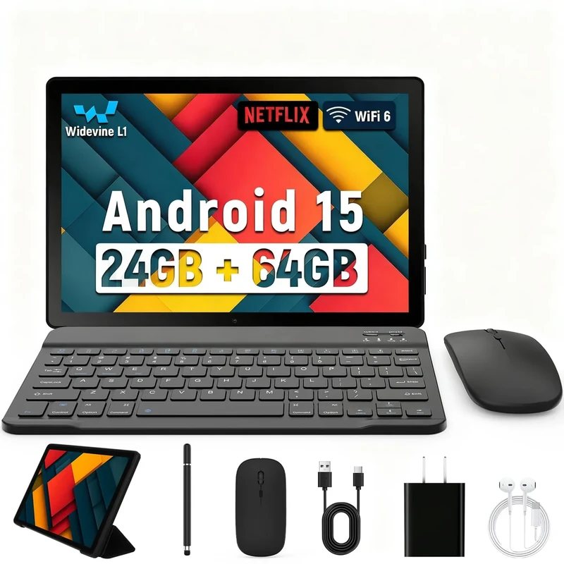 Jeazans 10.1" Android Tablet 64GB - 8-in-1 Kit w/ BT5.4, WiFi6