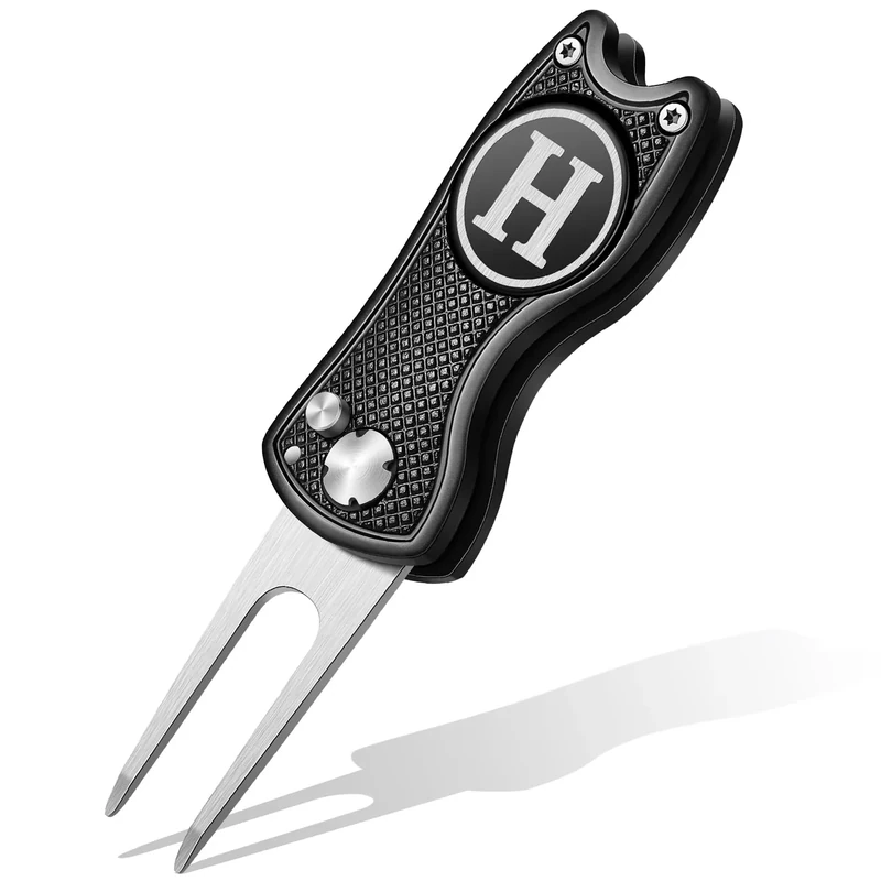 Sonwyoung Golf Divot Repair Tool with Letter Custom Monogrammed Initial Ball Marker Divot Tool New Year Golf Gifts Foldable Metal with Magnetic Putt Alignment for Men Father Golfer(Black,Letter H)