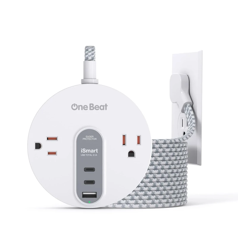 Power Strip Surge Protector with 2 USB C - Ultra Flat Plug Extension Cord with 2 Widely AC Outlets and 3 USB, Small Desktop Charging Station with 5 ft Power Cord, Compact for Travel Home Office Dorm