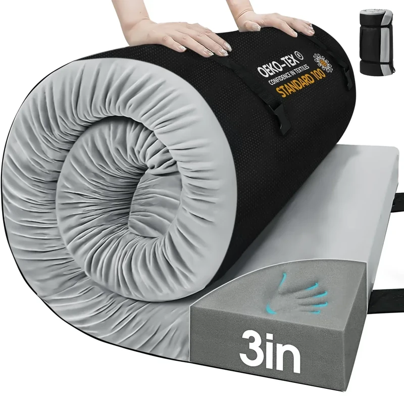 CYMULA Memory Foam Camping Mattress Pad,3 in Sleeping Pad for Camping,Non-Slip Bottom Floor Bed Floor Mattress for Adults,Portable Roll up Mattress Sleeping Mat for Car Travel,Guest Bed (Cot 72 * 24)