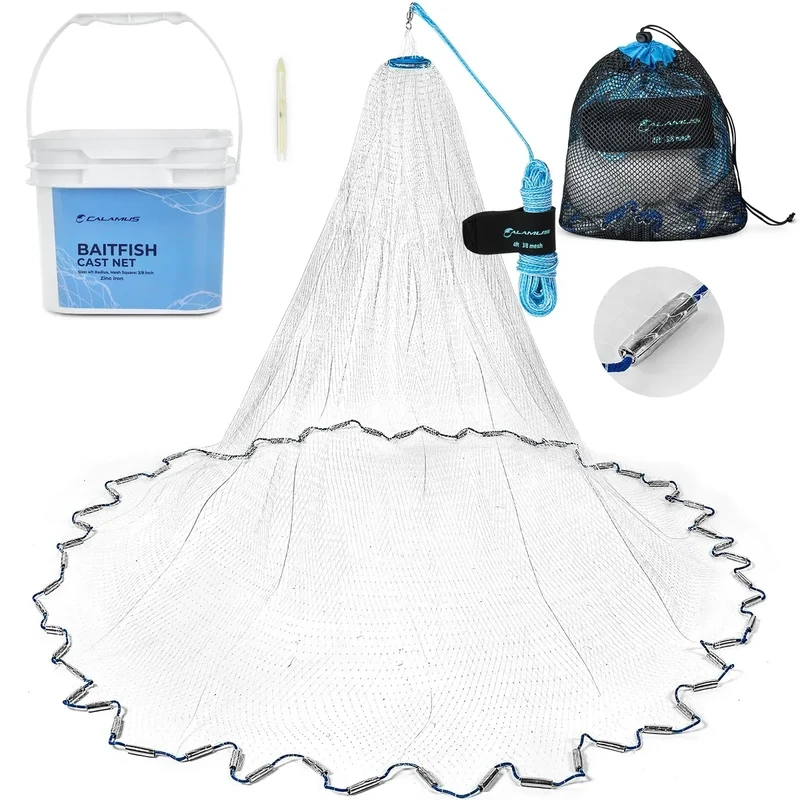 Calamus Cast Net 3/8" Mesh for Freshwater and Saltwater, 3ft-6ft Radius Casting Nets with Heavy-Duty Sinking Nylon Line, Mesh Storage Bag & Storage Bucket & Net Repair Kit