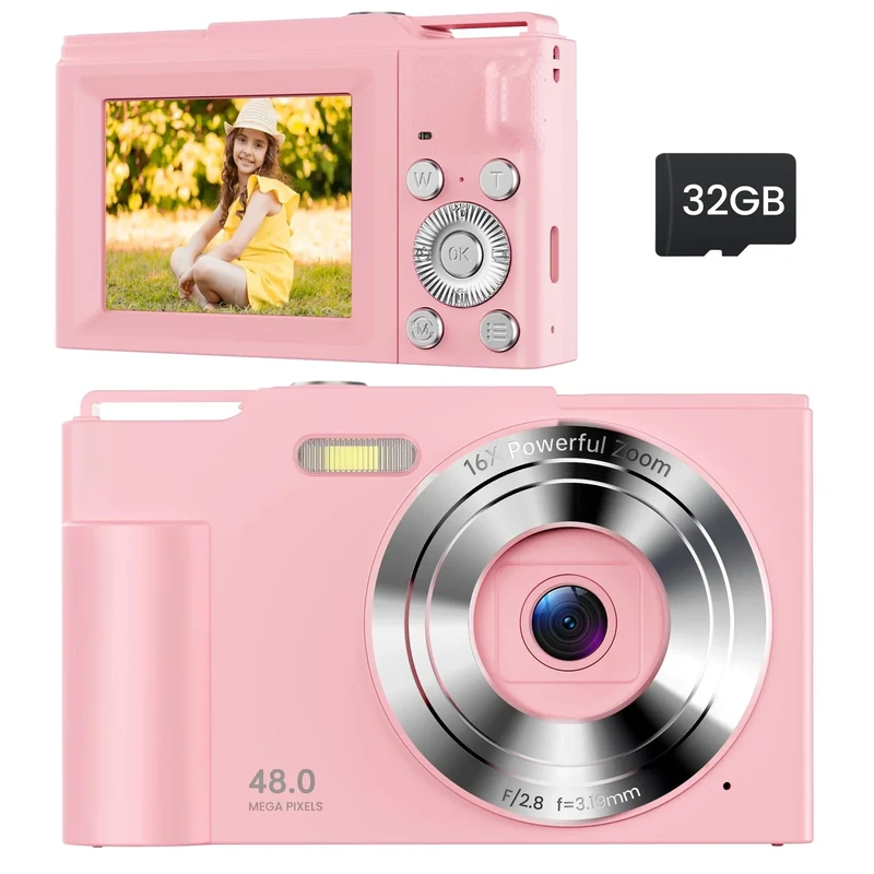 ROQIOO Pink Kids Digital Camera - 48MP, 16X Zoom, 1080P Video