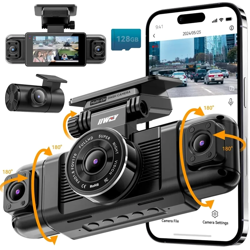 IIWEY N5 4-Ch Dash Cam 360 View, 8 IR Night Vision, WiFi, 128GB Card