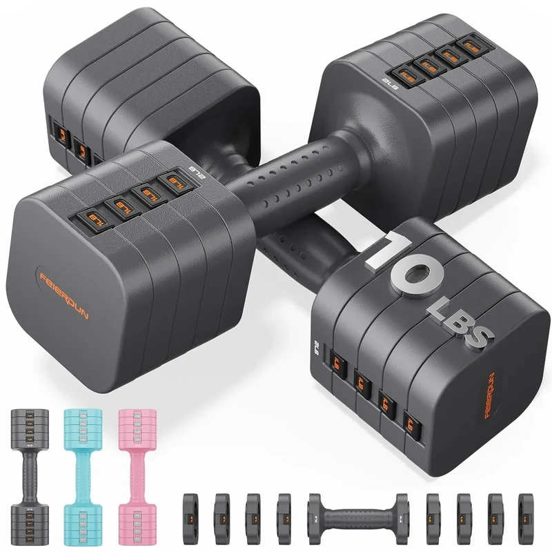 FEIERDUN 5-in-1 Adjustable Dumbbell Set of 2, 20LBS/10LBS Hand Weights for Women, 1s-Adjust Dual-Stable Dumbbell Set for Women Home Gym & Outdoor