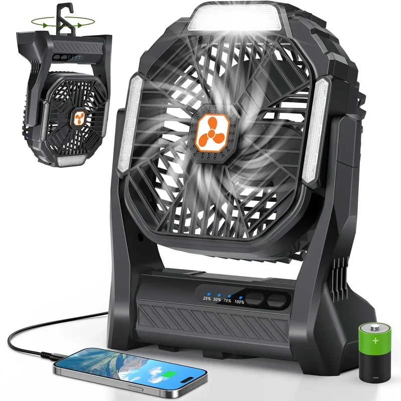 Portable Rechargeable Fan, 20000mAh Cordless Battery Powered Camping Tent Fans with SOS & LED Lantern, Small USB C Operated Outdoor Ventilador for Travel Camp Fishing Bedroom Power Outage Emergency