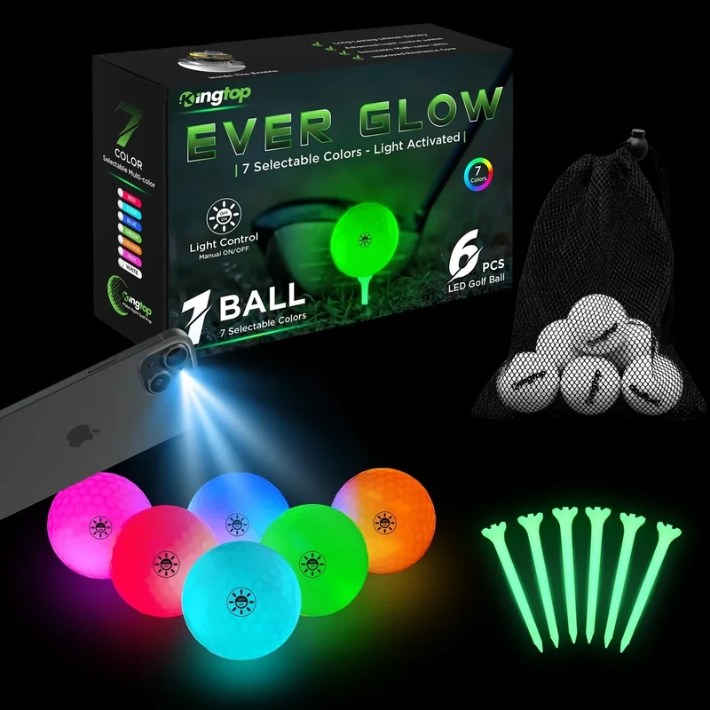 KINGTOP EverGlow Glow in The Dark Golf Ball - Light Activated 7-Color LED Golf Balls, Light up Ball with Fluorescent Tees and Storage Bag, Fun Night Golfing Gift for Men and Women