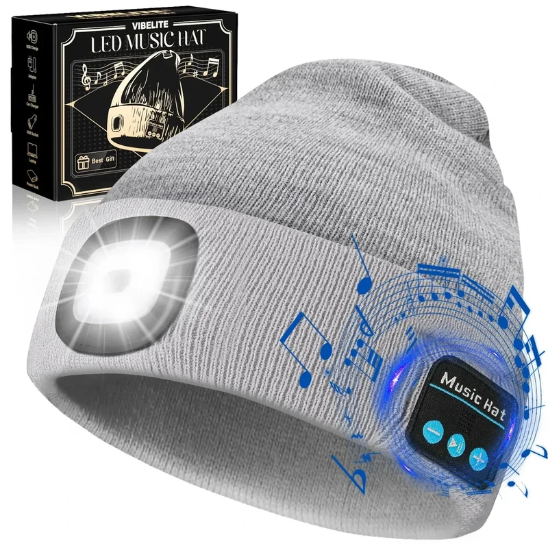 VIBELITE Bluetooth Beanie Hat with Light, USB Rechargeable LED Headlamp with Wireless Headphones, Valentines Day Gifts for Him, Men, Teen Boys, Husband, Women, Boyfriend, Grey