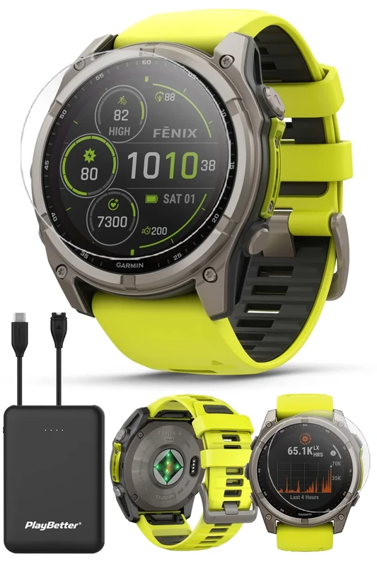 PlayBetter Garmin Fenix 8 Solar Sapphire (51mm, Titanium/Amp Yellow) Multisport GPS Smartwatch Bundle - 1.4” Touchscreen, Built-in LED Flashlight Portable Charger & Screen Protectors