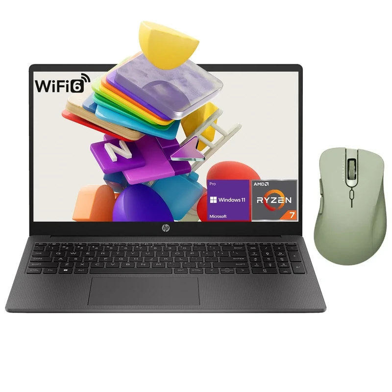 HP 255 G10 Professional Business Laptop, AMD Ryzen 7 7730U, 15.6" FHD IPS Display, 32GB RAM, 1TB SSD, HDMI, Wi-Fi 6, Webcam, Windows 11 Pro, Black, with Thunderobot ML101 Green Wireless Mouse