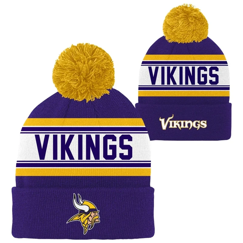 NFL Kids 4-7 Official Primary Logo Sport Knit Cold Weather Cuffed Pom Beanie Hat (US, Alpha, One Size, Minnesota Vikings, Minnesota Vikings)
