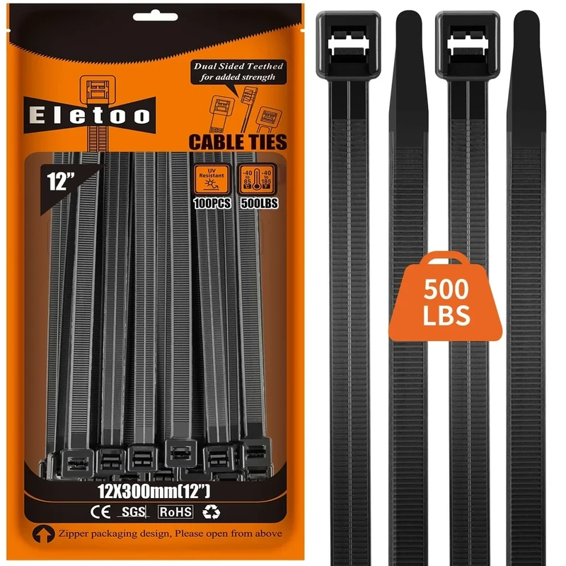 Eletoo 12 inch 100 Pack Black Large Zip Ties Heavy Duty 2025 New Patented Design, 500 LBS Tensile Strength, Self-Locking Nylon PA66 UV Resistant Cable Ties for Indoor and Outdoor Use