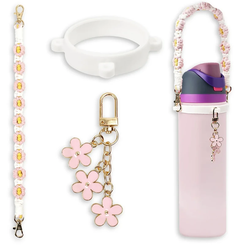 Handle Strap and Charm Set for Owala Water Bottle 24 oz, 32 oz, 40 oz, Owala Kids, Owala Coffee Tumbler, Owala FreeSip – Includes Handle Strap, for Owala Accessories & Stanley Cup Accessories (Pink)