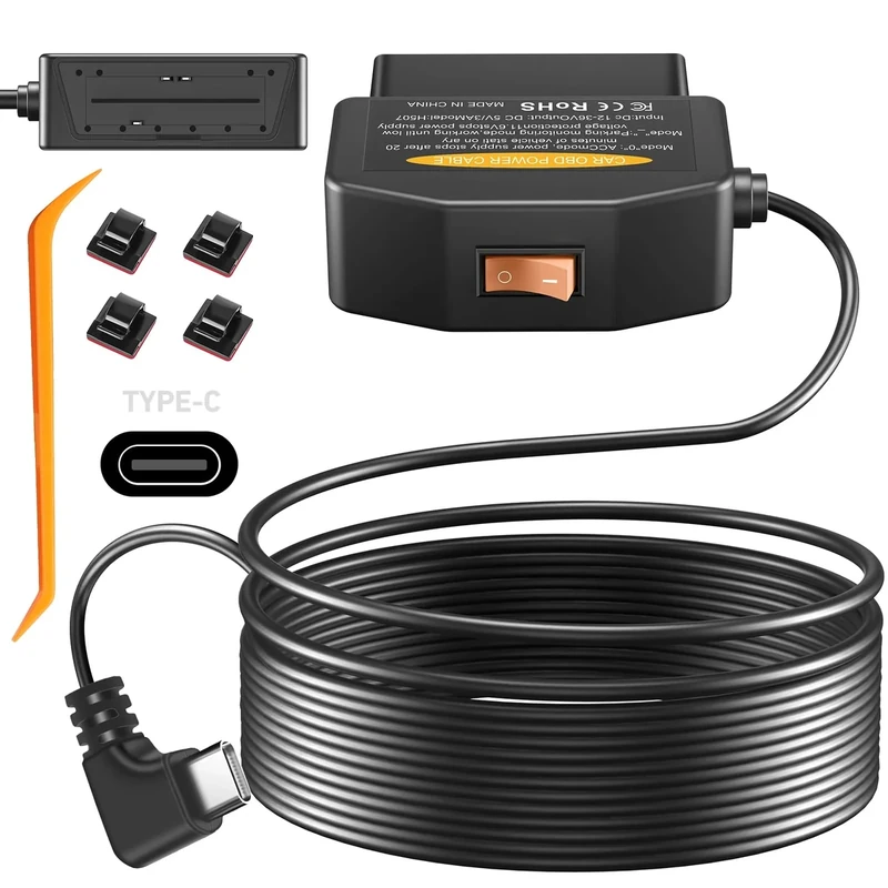 OBD2 OBD Power Cable for Dash Camera, OBD to Type-C USB OBDII Adapter Hardwire Charger Cable 24 Hours Surveillance and Acc Two Mode with Switch Button and Low Voltage Protection, 12-36V to 5V/3A