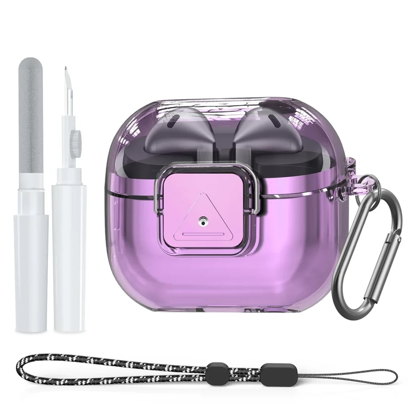 for Samsung Galaxy Buds3 FE (2025) / Buds3 Pro (2024) / Buds 3 Case (2024) with Secure Lock Clip, Flexible TPU Clear Case with Cleaner Kit&Carabiner&Lanyard (Clear Purple)