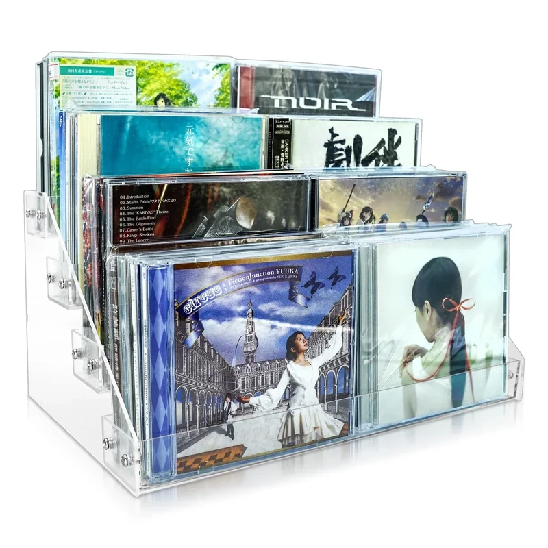 4Tier Clear Acrylic CD Holder - Cascading CD & DVD Storage Rack with Vinyl Record Stand - Holds up to 32 Cases (Large, Clear)