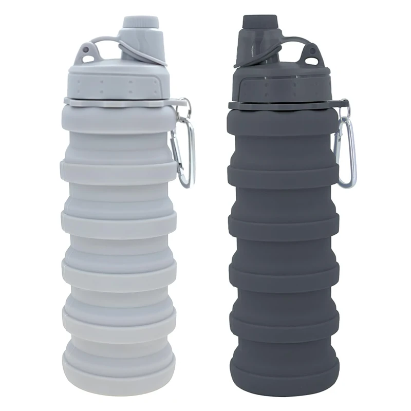 YCTMALL Collapsible Water Bottles Two Pack Travel Sports Portable Sport Bottle with Mountaineering Buckle 500ml Silicone Waterproof Camping Bottle (Light Grey and Grey Color)