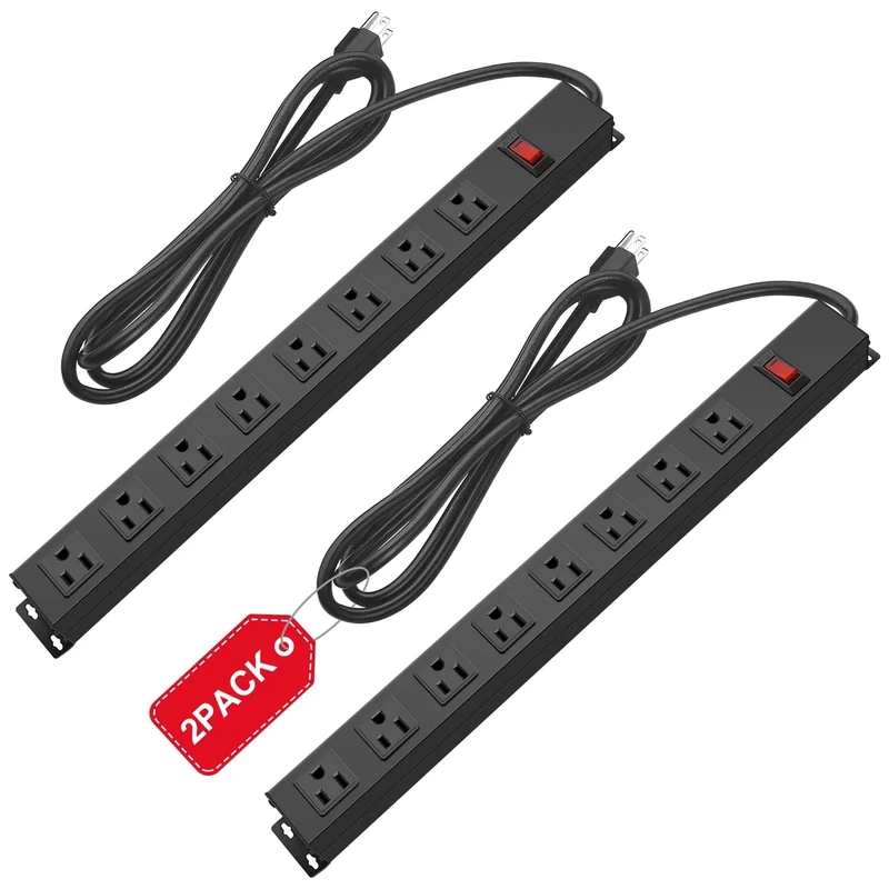 HHSOET 2-Pack 8-Outlet Mountable Power Strip - Wide Spaced 15ft Cord