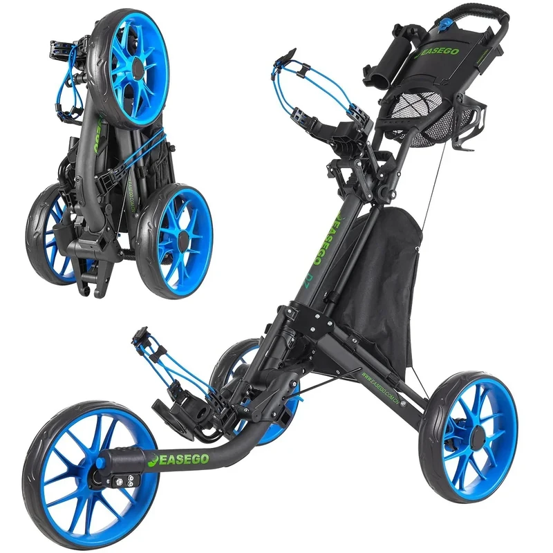 EASEGO Golf Push Cart 3 Wheel : Golf Bag Cart Foldable with Phone Holder Cup/Umbrella Holder Compact Golf Pull Carts Quick Fold Golf Caddy Push Carts with Large Wheelbase for Different Terrain（Blue）