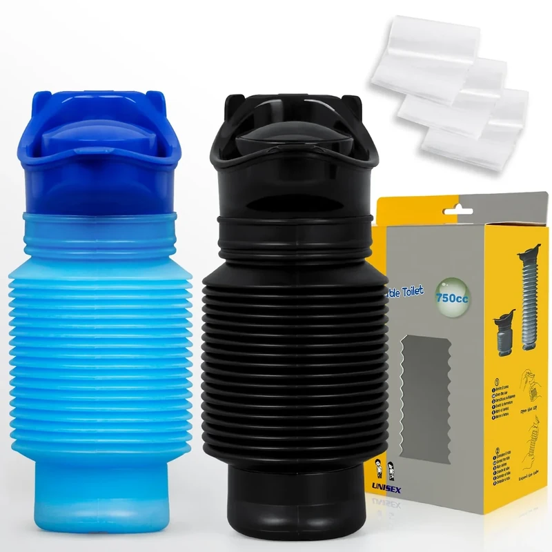 Collapsible Pee Bottle With Disposable Bags - Portable Emergency Urinal for Men and Women, 750ml, Leakproof, 2-Pack Set Suitable for Road Trips, Camping and Traffic Jams