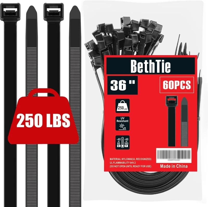 BethTie 36 inch Black Large Zip Ties Heavy Duty 60 PCS, 250 LBS Ultra Strong Plastic Wire Ties, Large Cable Ties Extra Long Tie Wraps, Indoor and Outdoor Use