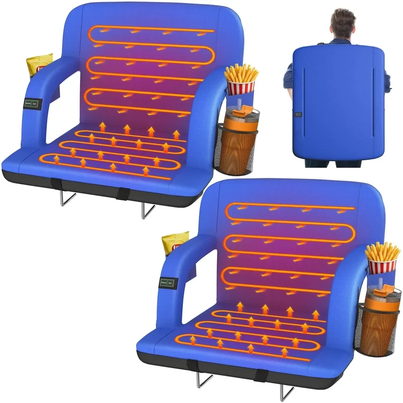 HOPERAN 25" 2pcs Dual-Sided Heated Stadium Seats for Bleachers with Back Support, 3 Levels Heating Stadium Seating for Bleachers Seat with Backrest, 5 Pockets Portable Stadium Chair(Blue)