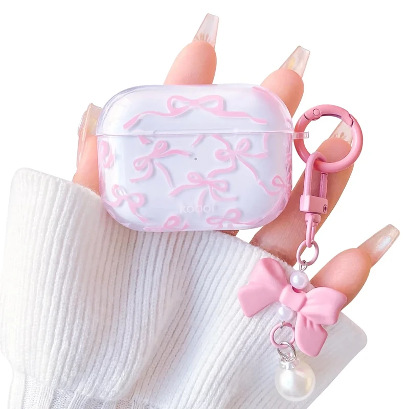 Lovmooful Compatible for Airpods Pro 1st Case Cute Clear Ribbon Bowknot with Lovely Pearl Chain Design for Women Girls Soft TPU Shockproof Protective Cover Case for Airpods Pro 1 - Pink