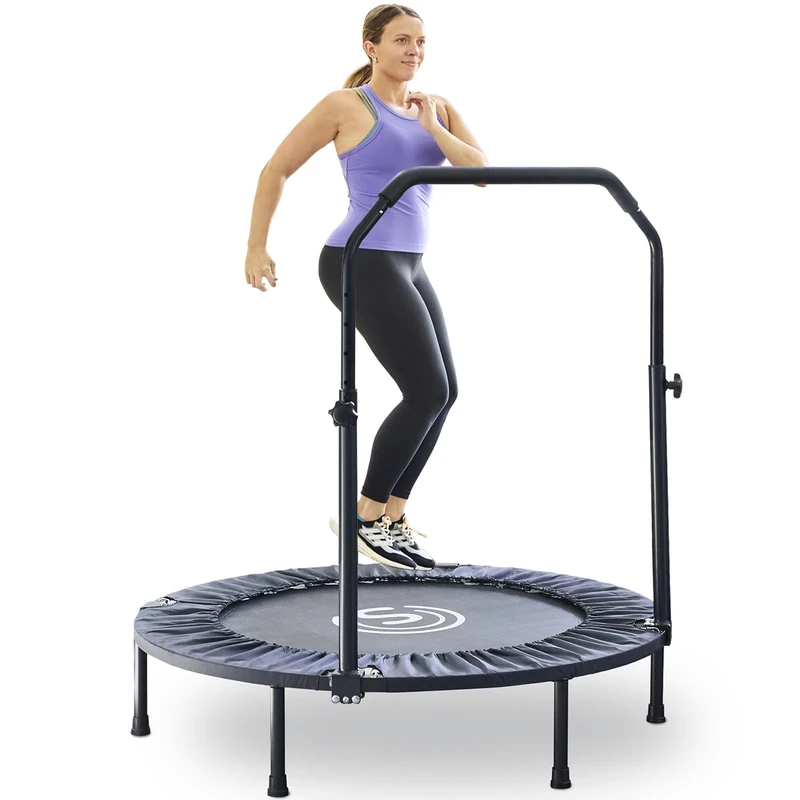 SKYWALKER TRAMPOLINES 40” Foldable Fitness Trampoline, Indoor and Outdoor Adult Fitness Rebounder, 6 Level Adjustable Foam Handrail, Max 330 lbs