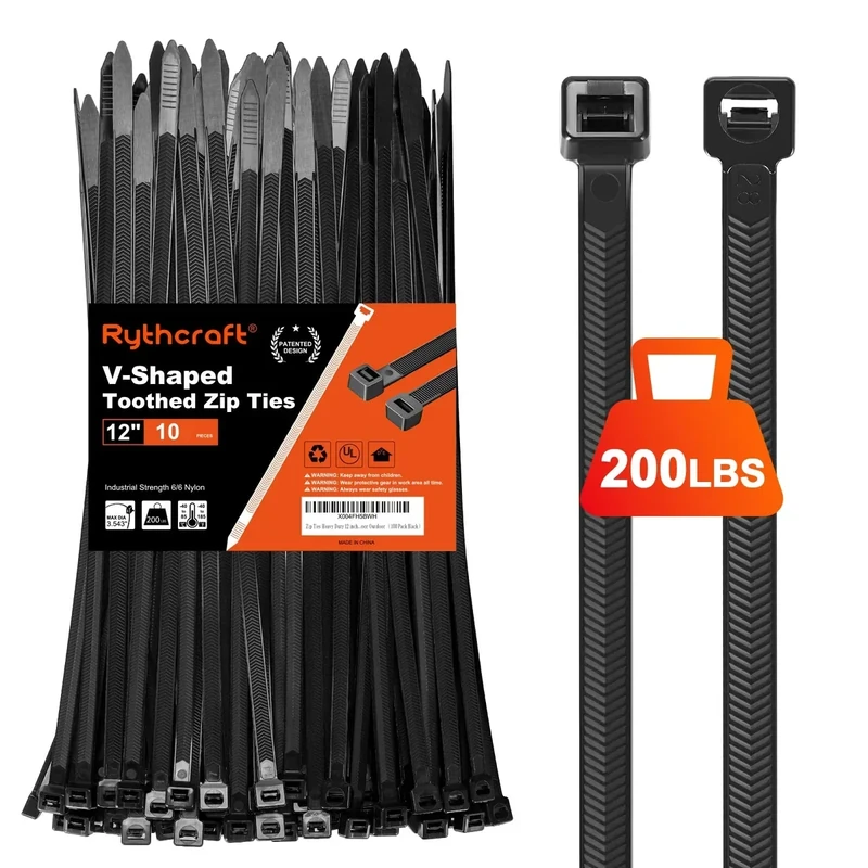 Rythcraft 12" Heavy Duty Zip Ties - 200lb V-Shaped Double-Sided 80 Pack
