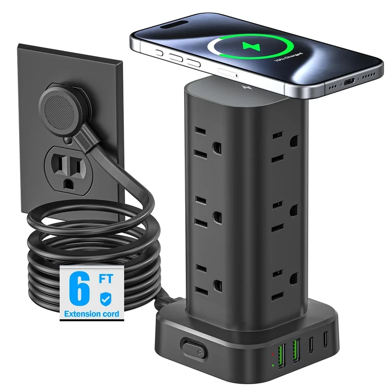 Pluackg Power Strip - 12 AC Outlets, 4 USB ports, 15W Charger, Plug