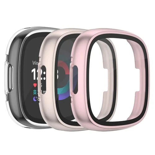 Vancle Pack of 3 Screen Protectors for Fitbit Versa 4 Case/Sense 2 Protective Case, Full Cover Protective Film Hard PC Protection Screen Protector Film Housing for Sense 2 (Rose