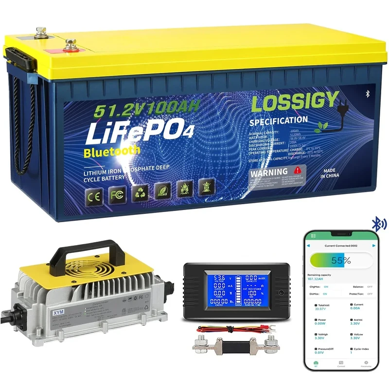 LOSSIGY 48V Lithium Golf Cart Battery with 18A Lithium Charger and Monitor, 48 Volt Battery Conversion Kit, Built in 200A Bluetooth, Peak Current 1000A(3-5s), Prefect for RV, Solar System