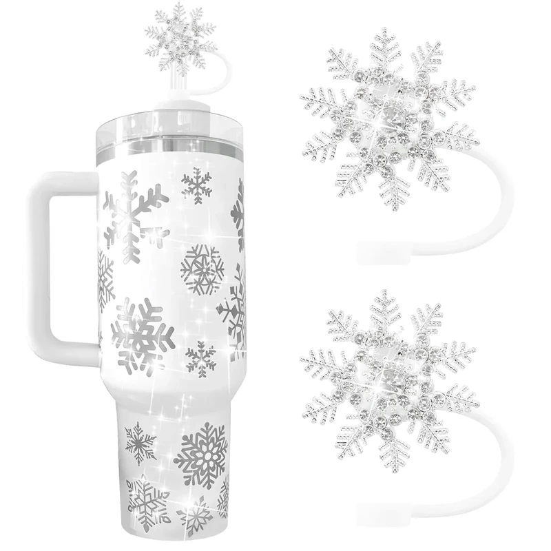 SEMATA 2PCS Cute Snowflakes Straw Cover Cap for Stanley Cup Accessories,Bling Crystals Straw Toppers for Stanley Tumbler 40&30 oz,Rhinestone Reusable Straws Tips Protectors Compatible with 10mm Straws