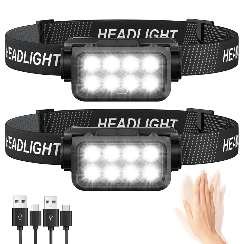Sogdeco Rechargeable Headlamp Flashlight 2-Pack, 8 LED 2500 Lumen Ultra-Light Bright Headlight, Waterproof Lightweight Head Lamp for Adult Kid, Headlamps for Outdoor Camping Running Fishing